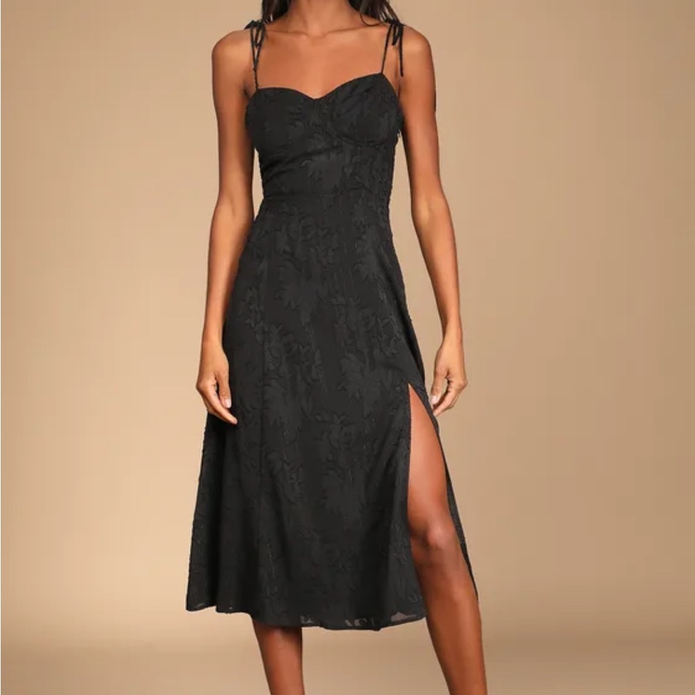 Lulus: Loveliest Looks Black Floral Jacquard Tie-Strap Midi Dress size XL